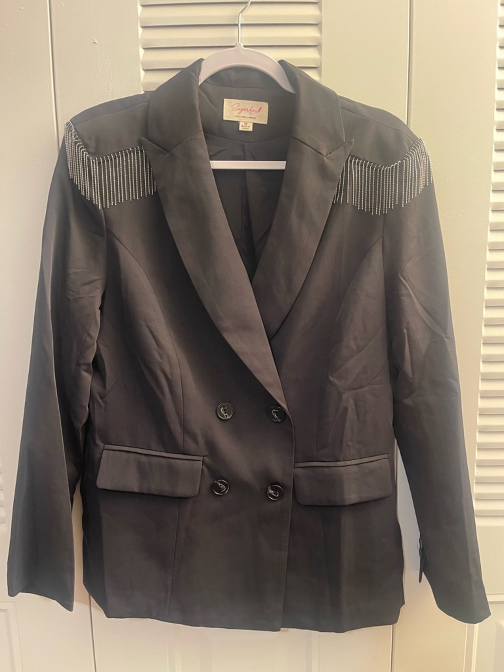 Sugar Black Double-Breasted Blazer with Silver Shoulder Fringe